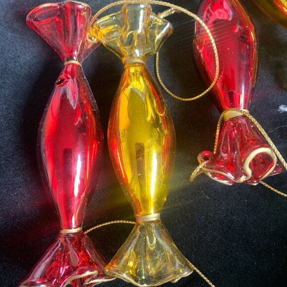 Vintage Christmas Tree Ornament 5 Blow Glass Mercury Glass Candy Red Golden RARE